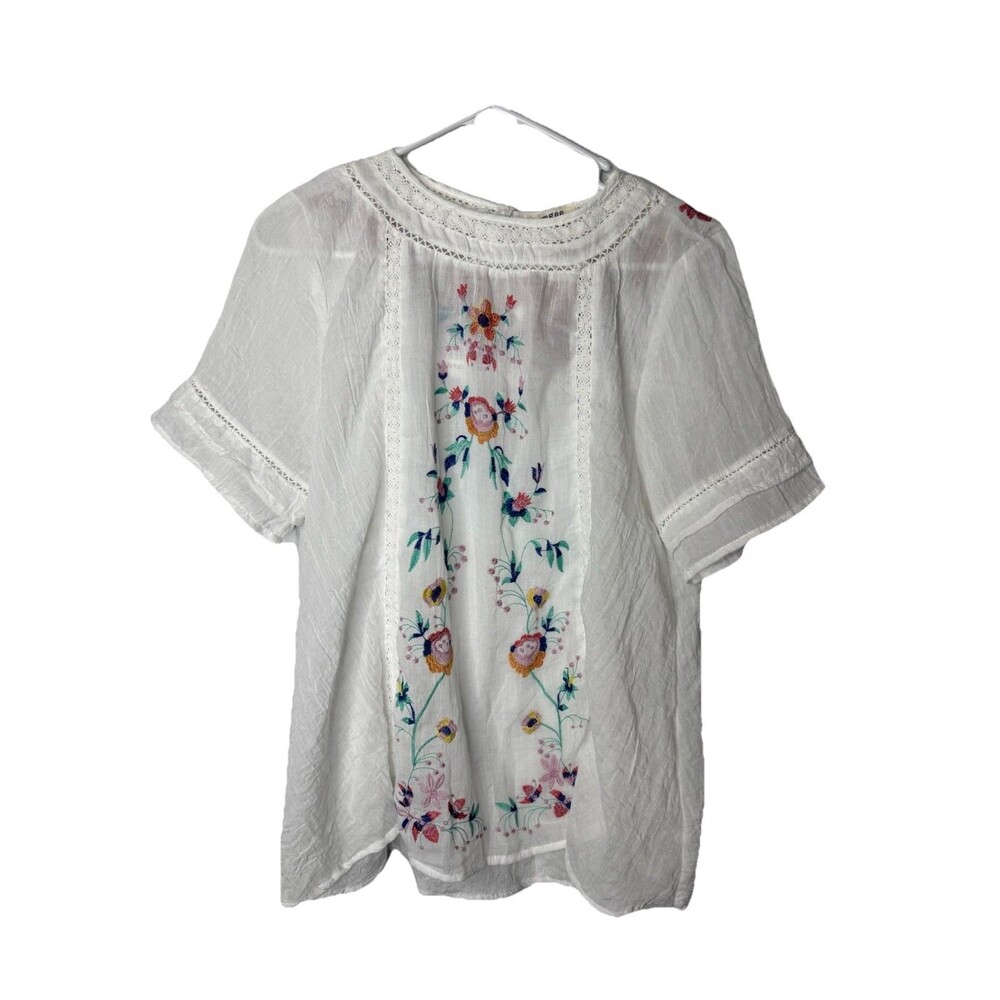 Umgee Women's Boho Floral Embroidered Blouse Large White Eyelet